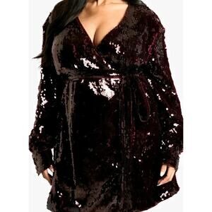 Boohoo Elegant Sexy Sequin Wrap Dress W Belt Malbec Red PLUS 16 Heavy Snap Closu